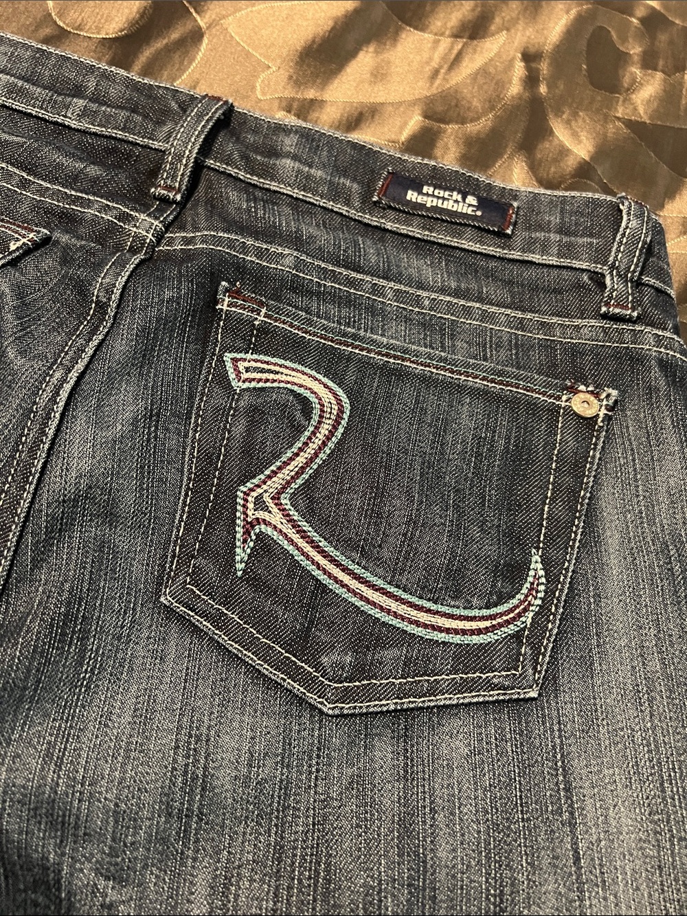 Rock & Republic Roth Bootcut Dark Denim Teal Pocket Stitching LowRise Y2K Sz 29